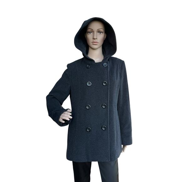 AK Anne Klein Women Heather Black Wool Double Breasted Hooded Peacoat Size L - Picture 1 of 8